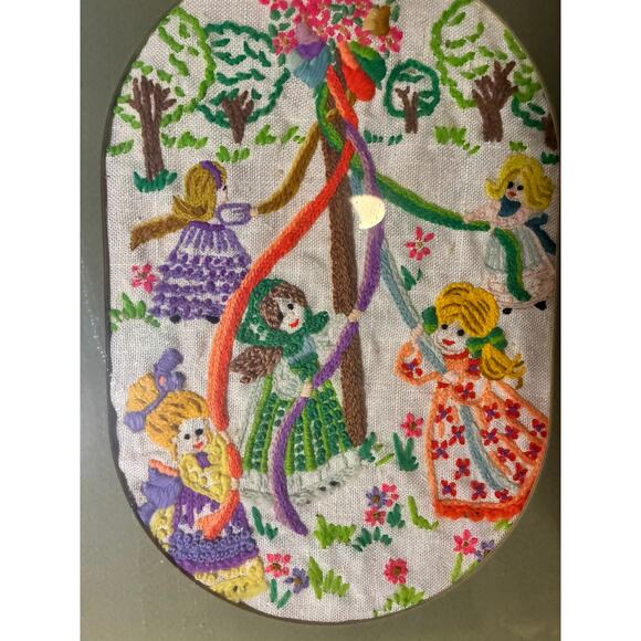 Framed Crewel Embroidery Maypole Girls Scene Handmade Folk Art Wall Decor - Picture 5 of 7